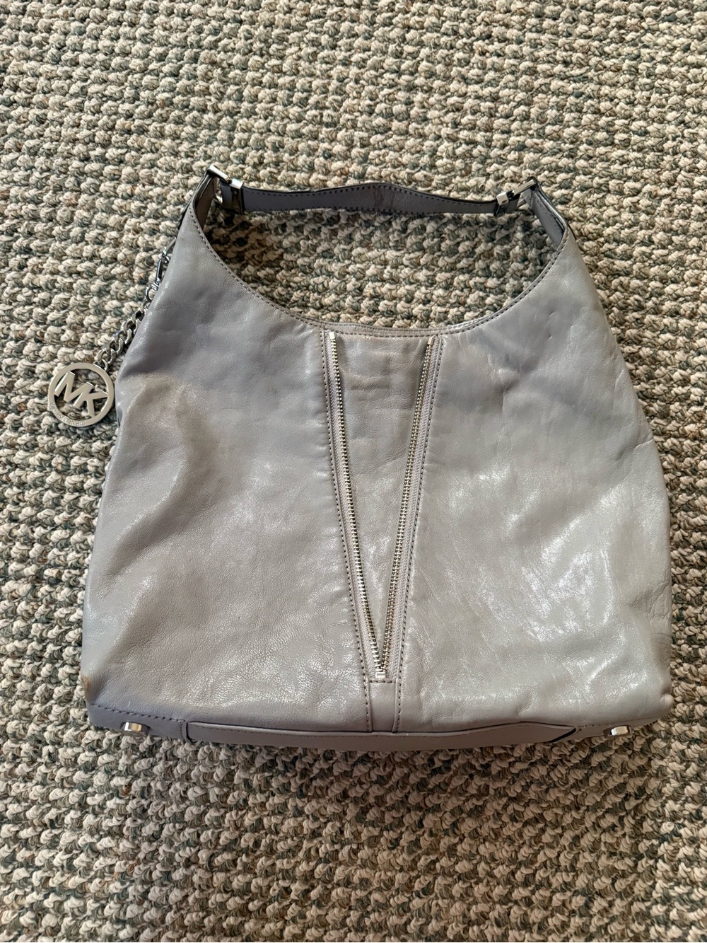 Michael Kors Light Grey Leather Shoulder Hobo with MK Charm